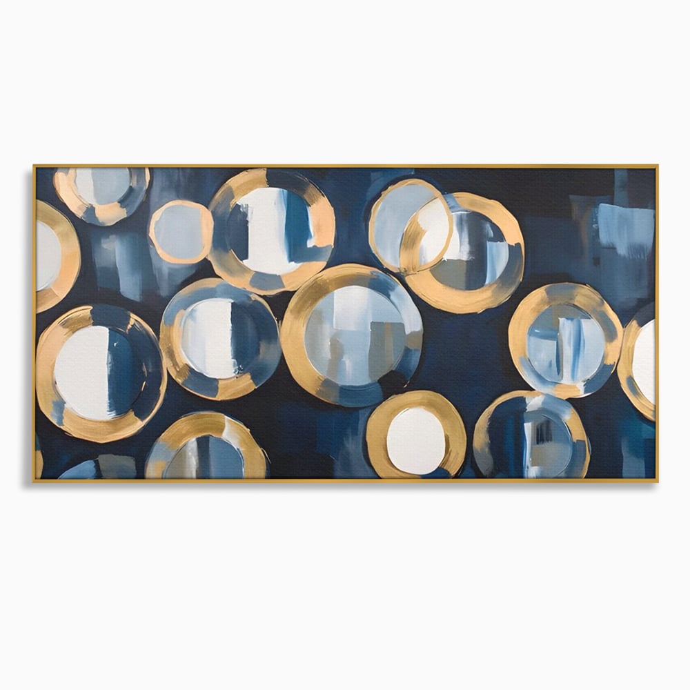 Tablou canvas cu pictura abstracta cu cercuri albastre si aurii, in rama de aluminiu auriu